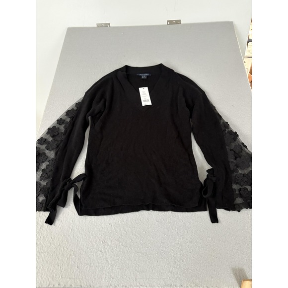 French Connection Sweater Womens XS Black Caballo Lace V-Neck Bell Sleeve 78KNP - Picture 1 of 7